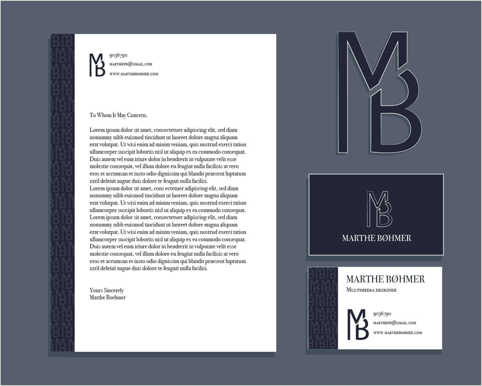 Visuell identitet Marthe Bøhmer med businesscard, dokumentmal og logo